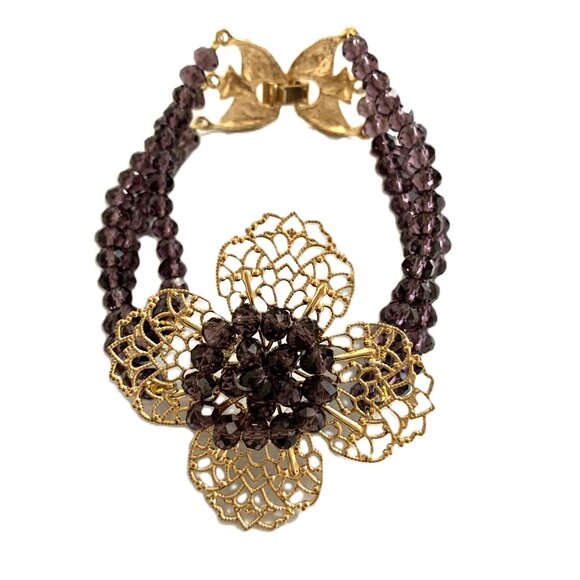 Bracelet Cuff Gold Purple Filigree Flower Triple Strand Beads Glamour 1980s - Picture 1 of 4